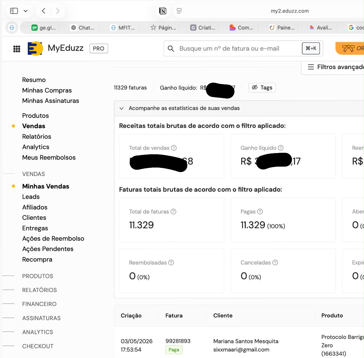 Dashboard real da Eduzz mostrando mais de 11 mil faturas pagas